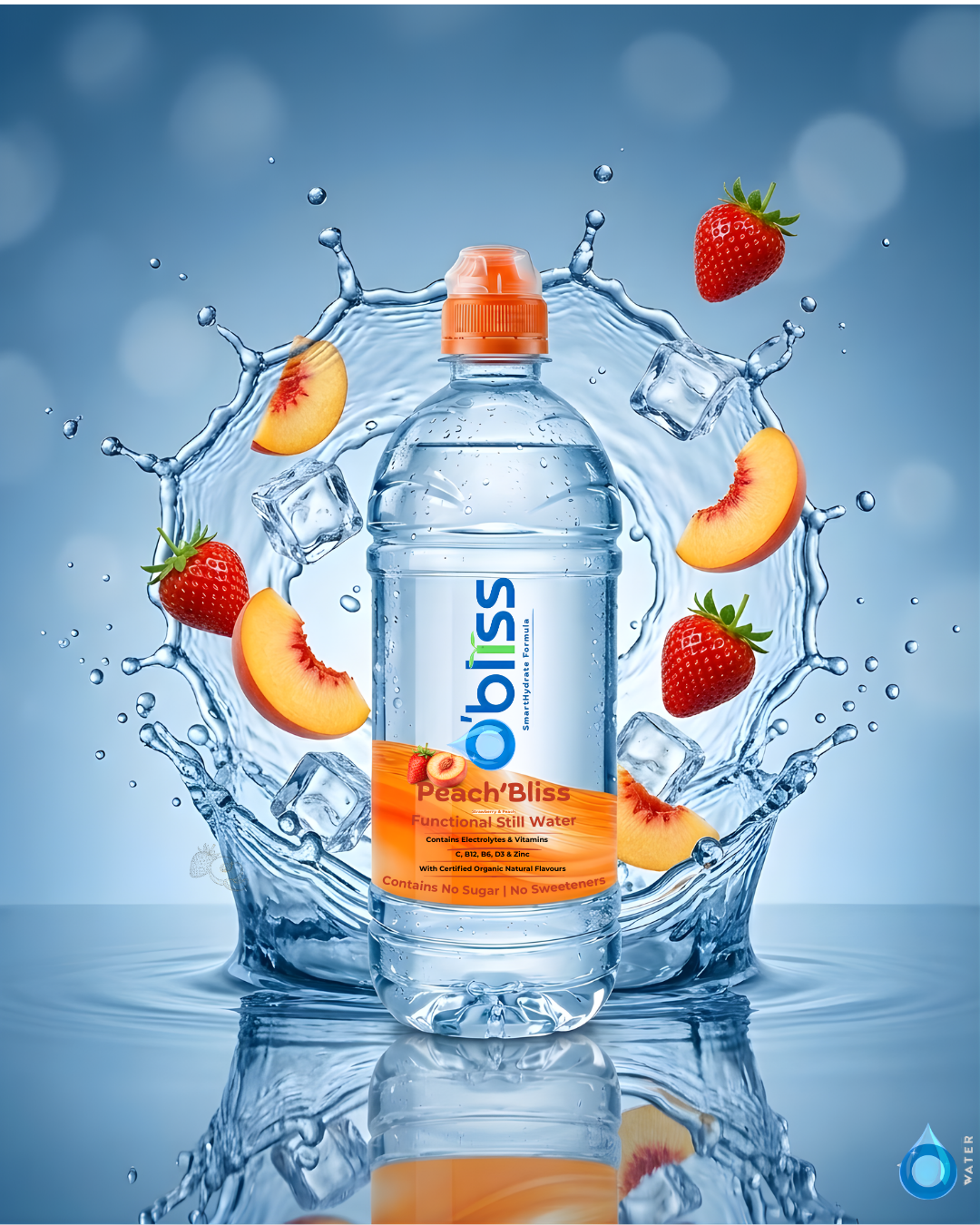 O'bliss bottle with splash ring, strawberries, peaches and ice